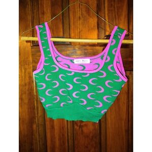 Fashion House Green Pink Moon Print Knit Crop Tank Top Women